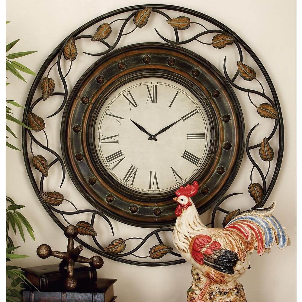 36'' Brown Metal Leaf Medallion Wall Clock with Scrolled Vines
