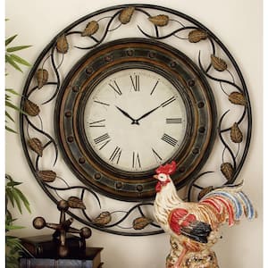 36 in. x 36 in. Brown Metal Leaf Wall Clock with Scrolled Vines