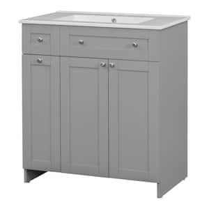 30 in. W x 18 in. D x 34 in. H Freestanding Bath Vanity in Gray with White Ceramic Top, 2-Doors, Double-Tier Drawer