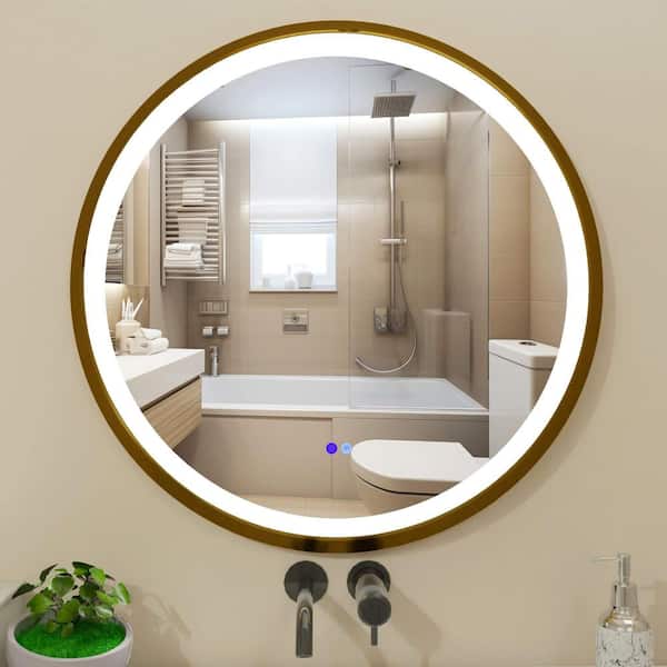 Fab Glass and Mirror 36 in. x 36 in. Modern Round Gold Framed Decorative LED Mirror Wall Mounted Anti-Fog and Dimmer Touch Sensor