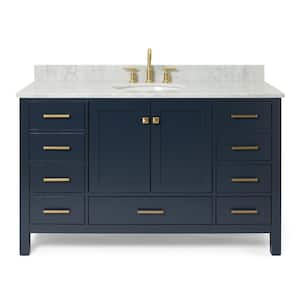 Cambridge 55 in. W x 22 in. D x 35.25 in. H Vanity in Midnight Blue with White Marble Vanity Top with Basin