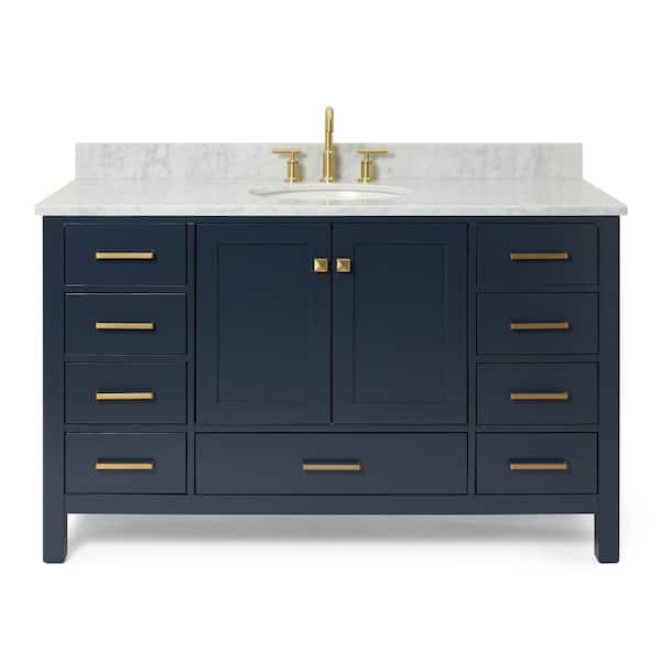 Cambridge 54 in. Single Sink Freestanding Bathroom Vanity in Midnight Blue with Carrara White Marble Top