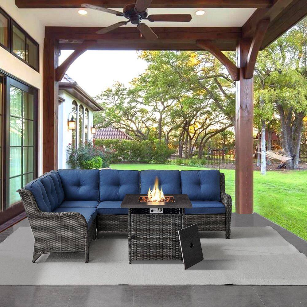 Gray 2-Piece Wicker Patio Fire Pit Set, Outdoor 6-Seater Sectional Seating Set with Olefin Navy Blue Cushions price history on PriceWatchPro