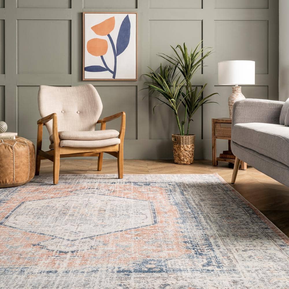 Peach Floral Bliss 4' x 6' Easy-Care Synthetic Area Rug