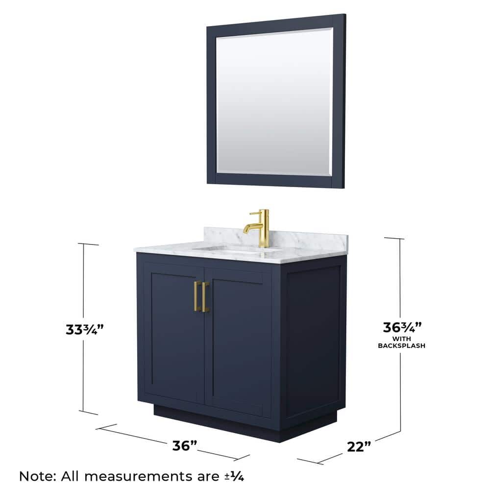 Miranda 36" Dark Blue Single Bathroom Vanity with White Carrara Marble Top and Brushed Gold Trim