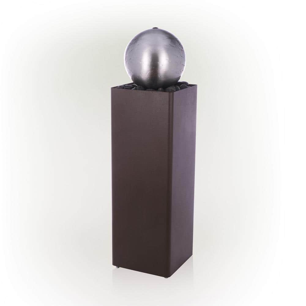 37 in. H Indoor/Outdoor Metal Orb Fountain with River Rock Stones, Brown/Si