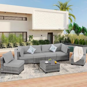 7-Piece Gray Wicker 6-Seat Outdoor Sectional Set with Gray Cushions