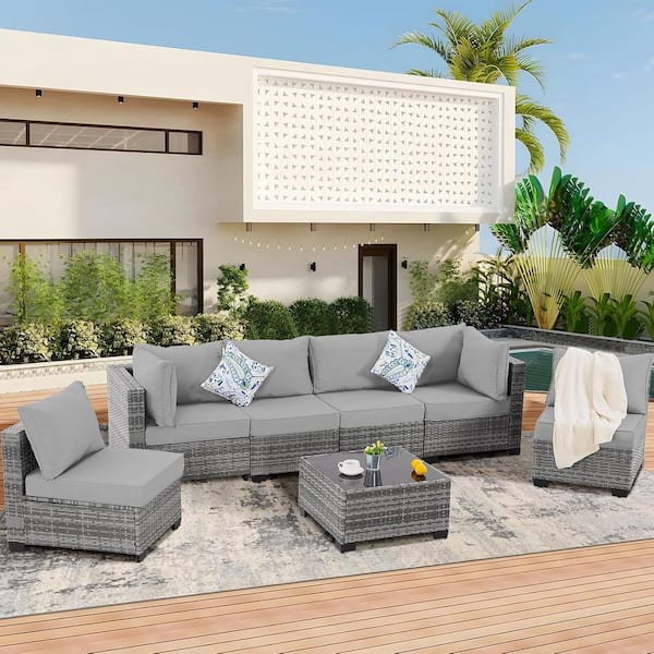 Cesicia 7-Piece Gray Wicker 6-Seat Outdoor Sectional Set with Gray Cushions