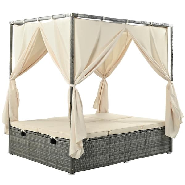 maocao hoom Outdoor Gray Wicker Outdoor Sunbed Day Bed with Beige Cushions, 4-Sided Canopy and Adjustable Seats