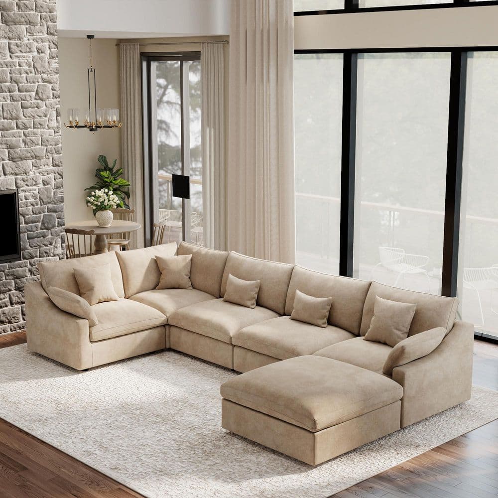 155.9 in. Slope Arm 5-piece L-Shaped Linen Modern Oversize Modular Sectional Sofa Couch with Ottoman in Brown