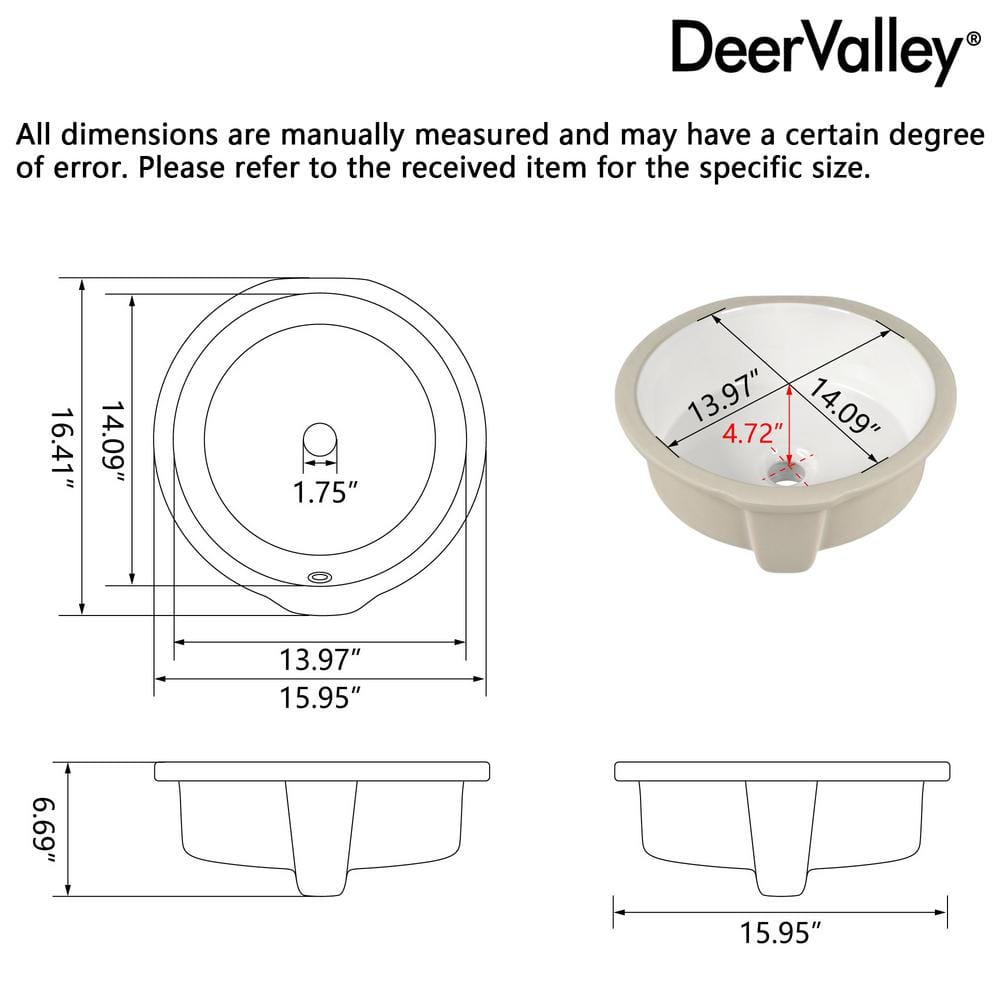 16" White Ceramic Round Undermount Bathroom Sink with Overflow