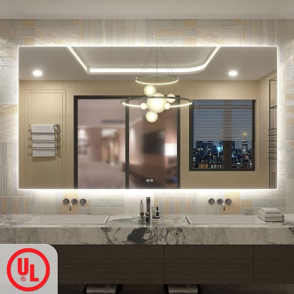 72 in. W x 40 in. H Rectangular Frameless UL Certified LED Backlited Anti-Fog Tempered Glass Wall Bathroom Vanity Mirror