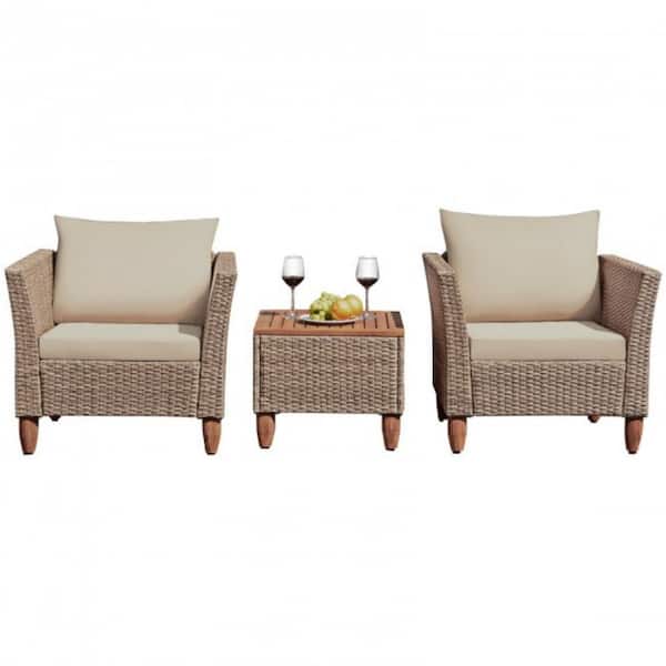 FORCLOVER 3 -Pieces Patio Rattan Bistro Conversation Set with Beige Cushions