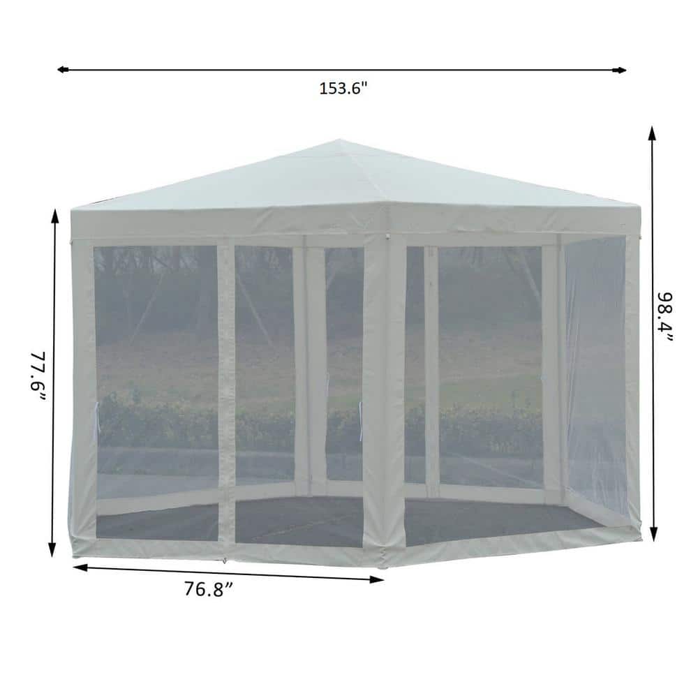 13 Ft Hexagon White Steel Frame Patio Gazebo with Mesh Walls