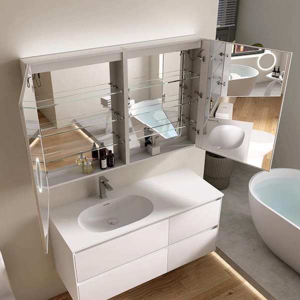 48 in. W x 32 in. H Rectangular Silver Aluminum Recessed/Surface Mount Medicine Cabinet with Mirror and LED