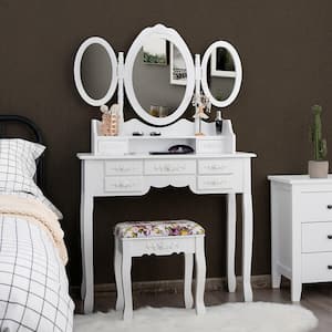 Vanity Makeup Set with 7-Drawer Tri-Folding Mirror Dressing Table and Stool Set White