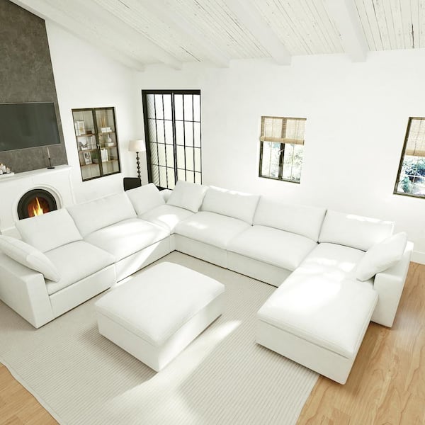 Magic Home 161 in. Large 8-Seat Corner Modular Linen Down Upholstered Free Combination Sectional Sofa with Ottomans, White