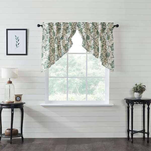 VHC BRANDS Dorset Floral 36 in. L Cotton Prairie Swag Valance in Green Creme