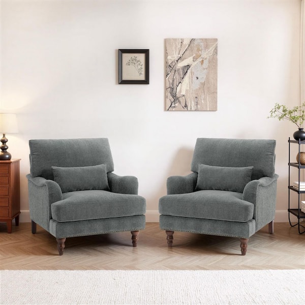 Modern Gray Chenille Arm Chair with Flared Arm (Set of 2)