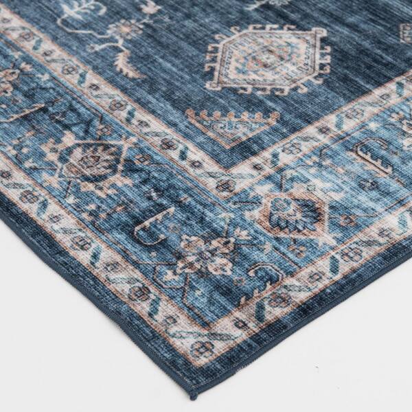 Wipe Up Areyn Blue Washable 5 ft. x 7 ft. Oriental Polyester Indoor Area Rug