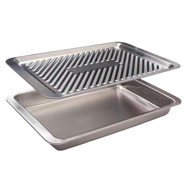 Silver Stainless Steel Grilling Prep and Serve Trays with Stackable Marinating and Serving Features, 2Pcs