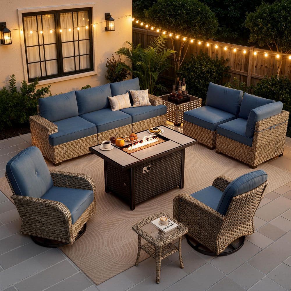 Tibercy Gray 10-Piece Wicker Patio Rectangle Fire Pit Conversation Set with Denim Blue Cushions and Swivel Chairs price history on PriceWatchPro