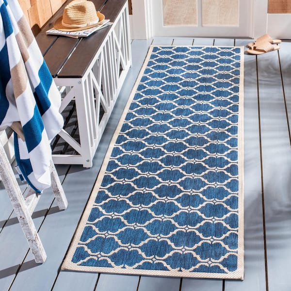 Courtyard Navy/Beige 2 ft. x 10 ft. Border Indoor/Outdoor Patio  Runner Rug