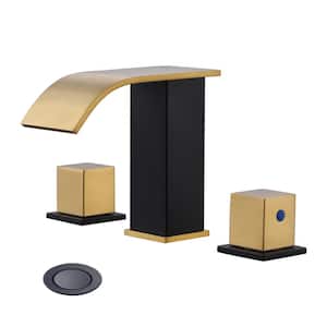 8 in. Widespread Double Switch Waterfall Bathroom Faucet with Pop-Up Drain in Black and Gold