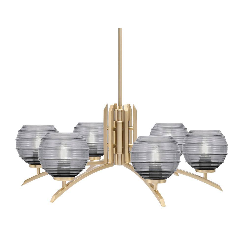 Siena 27.5 in. 6-Light New Age Brass Chandelier with 6 in. Smoke Ribbed Gla