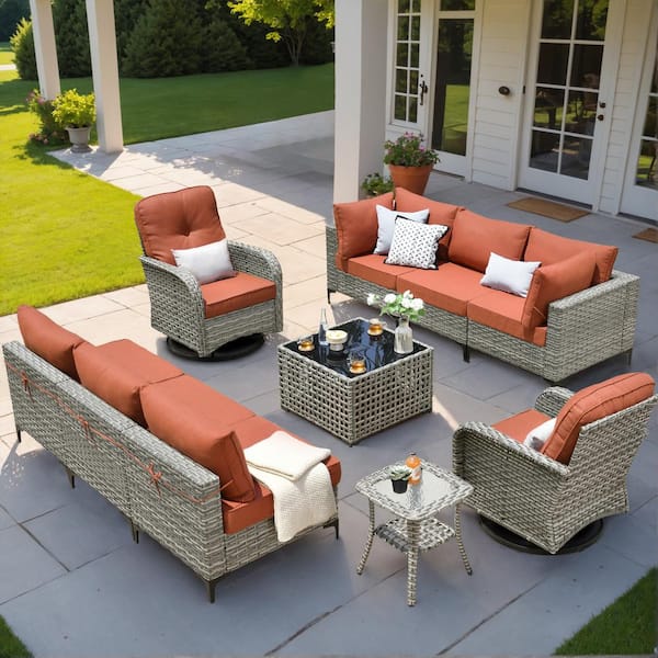 HOOOWOOO Holston 10-Piece Wicker Outdoor Patio Conversation Sofa Sectional Set with Swivel Rocking Chairs and Red Cushions
