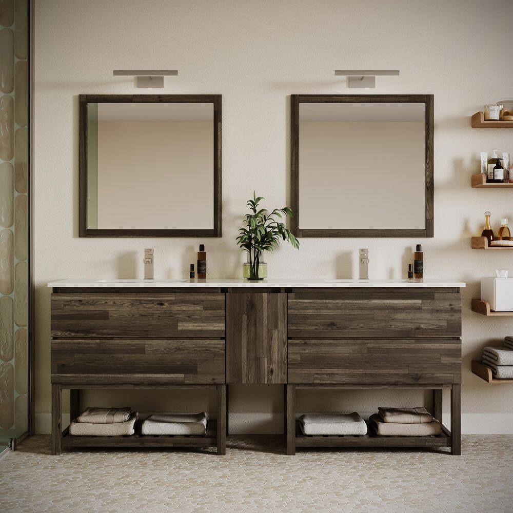 Acacia Wood 84" Double Sink Vanity with Quartz Top