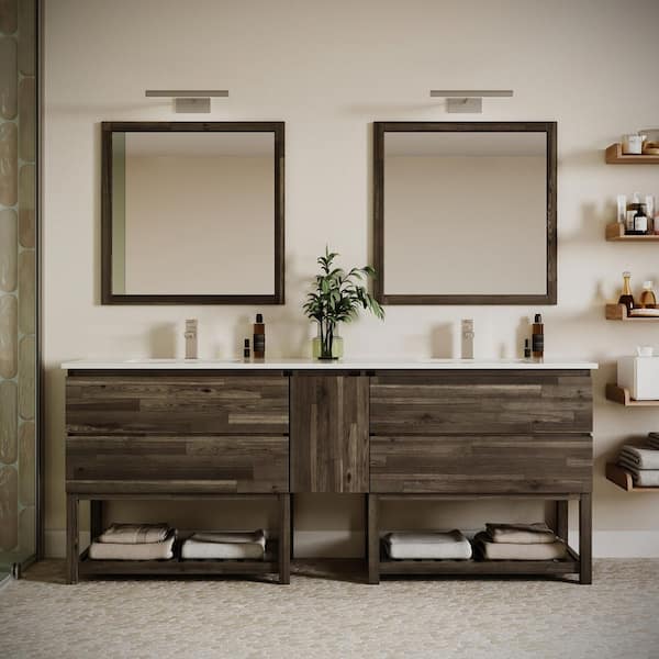 Formosa 84 in. Double Sink Freestanding Open Bottom Acacia Bath Vanity with White Quartz Top and Undermount Ceramic Sink