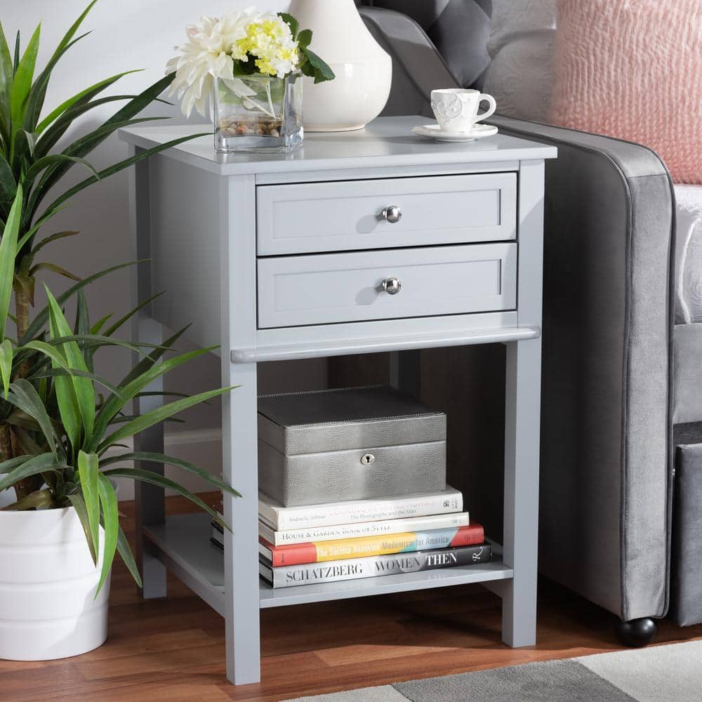 Willow Light Grey 2-Drawer Wood Nightstand with Silver Knobs