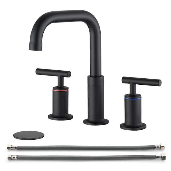 Tahanbath 8 in. W pread High Arc 2-Handle Bathroom Faucet with Pop Up Drain in Matte Black