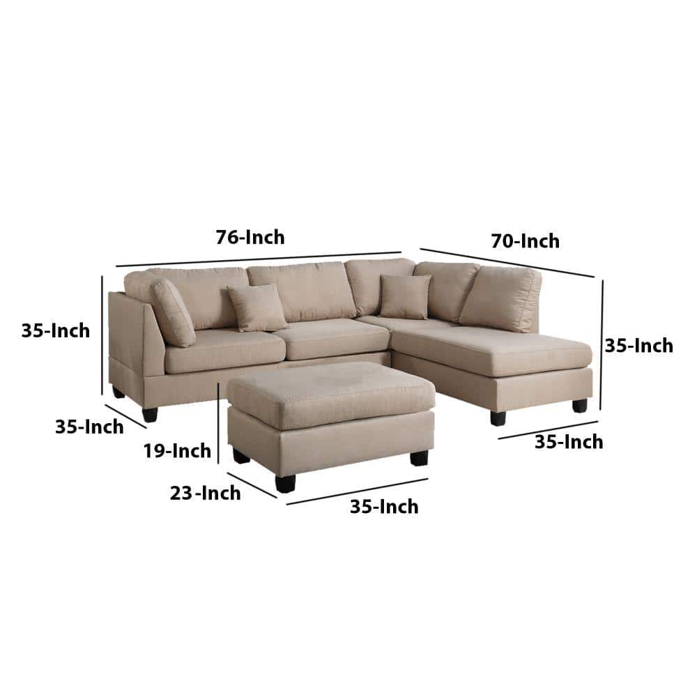 Beige Linen 3-Piece Sectional Sofa with Ottoman