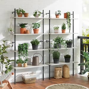 Industrial 65.35 in. H Retro Grey Oak Light Particle Board 4-Shelf Wall-Mounted Ladder Shelf with 6-Hooks