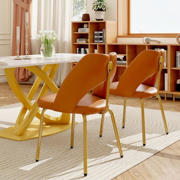 Set of 2 Modern Orange PU Leather Dining Chairs with Gold Stainless Steel Legs