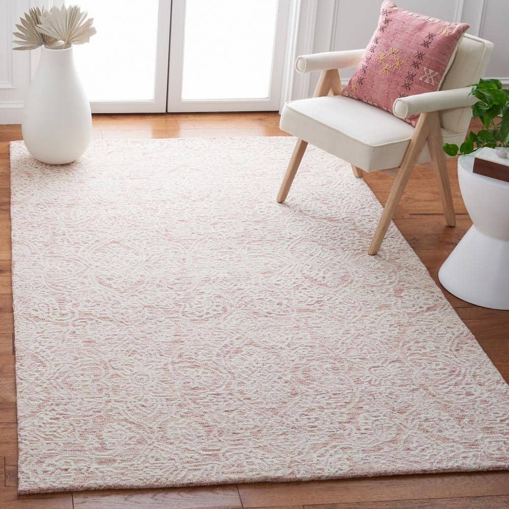 Ivory and Pink Floral Hand-Tufted Wool Area Rug