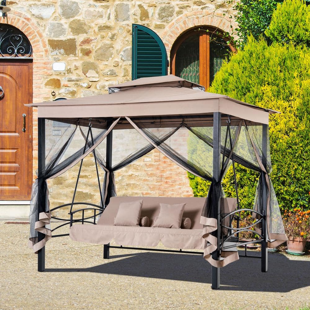 3-Person Outdoor Patio Daybed Gazebo Metal Patio Swing with Double Vented Canopy and Bug-Blocking Mesh Walls price history on PriceWatchPro