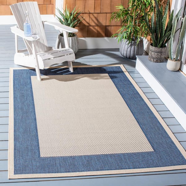 Courtyard Beige/Navy 5 ft. x 5 ft. Border Solid Color Indoor/Outdoor Square Area Rug