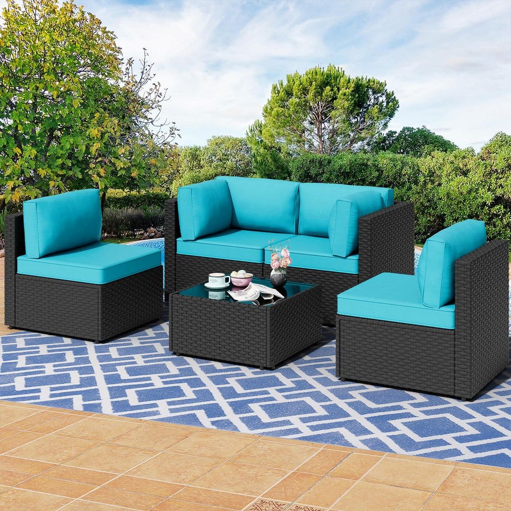 5-Piece Black Wicker Patio Sectional Seating Set with Blue Cushions price history on PriceWatchPro