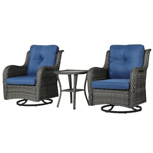 Wicker Gray Patio Swivel Outdoor Rocking Chair Set with Royal Blue Cushions and Table (Set of 2)