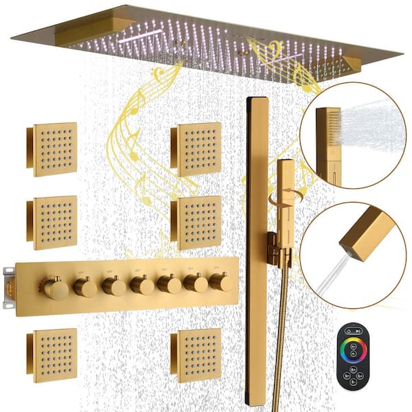 6-Spray 35 in.x 16 in. LED Thermostatic Shower System 6-Function w/ Fixed & Handheld Shower Head 2.5 GPM in Brushed Gold