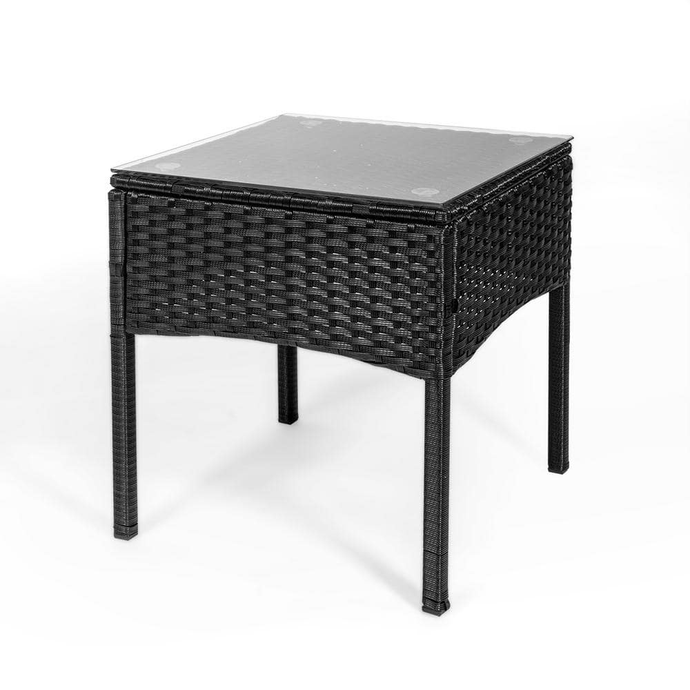 Black Steel Frame 3-Piece Patio Set with Beige Cushions and Glass Table