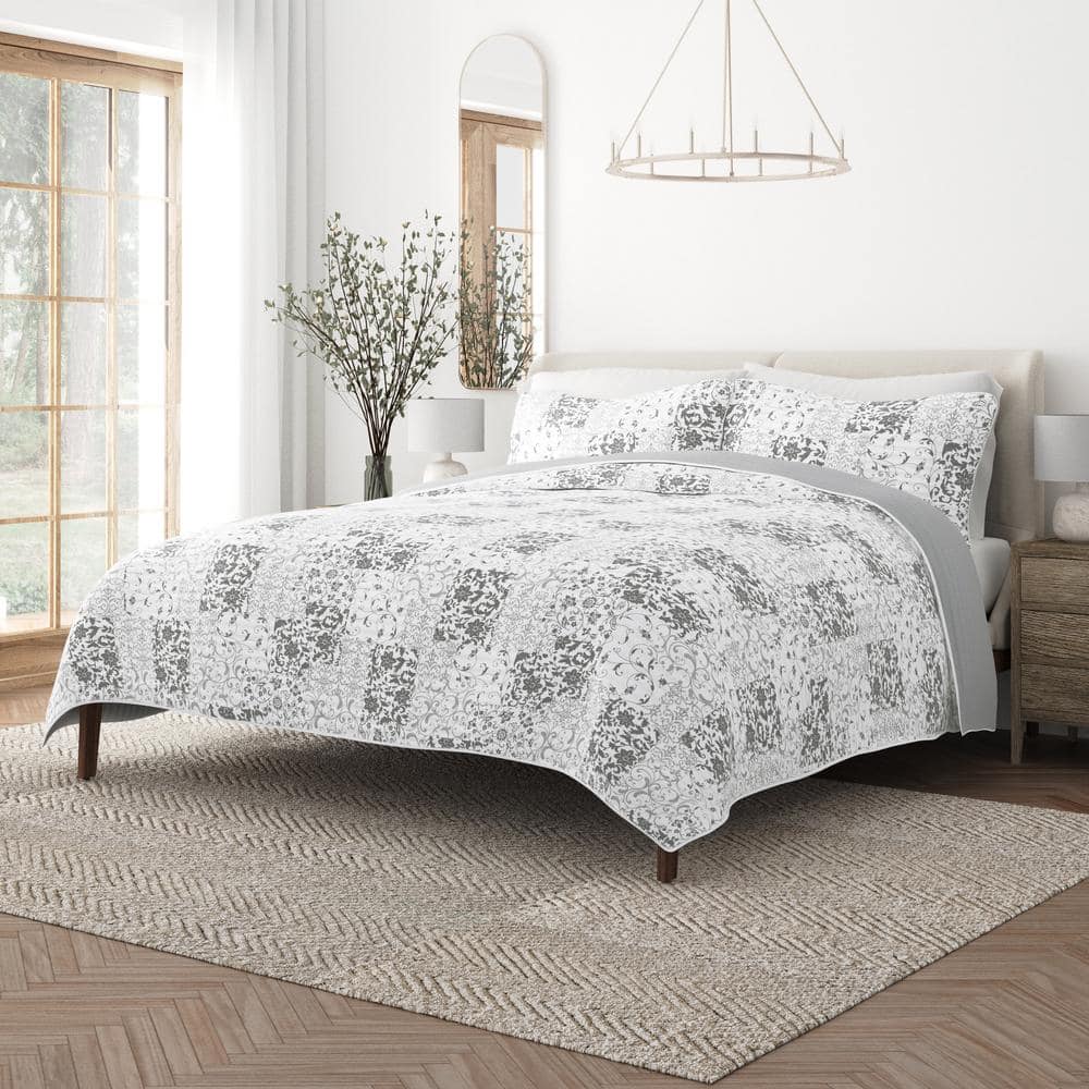 Light Gray Twin Reversible Microfiber Quilt Set with Shams