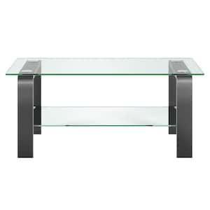 40 in. Gray Rectangle Glass Coffee Table with Shelves;Storage