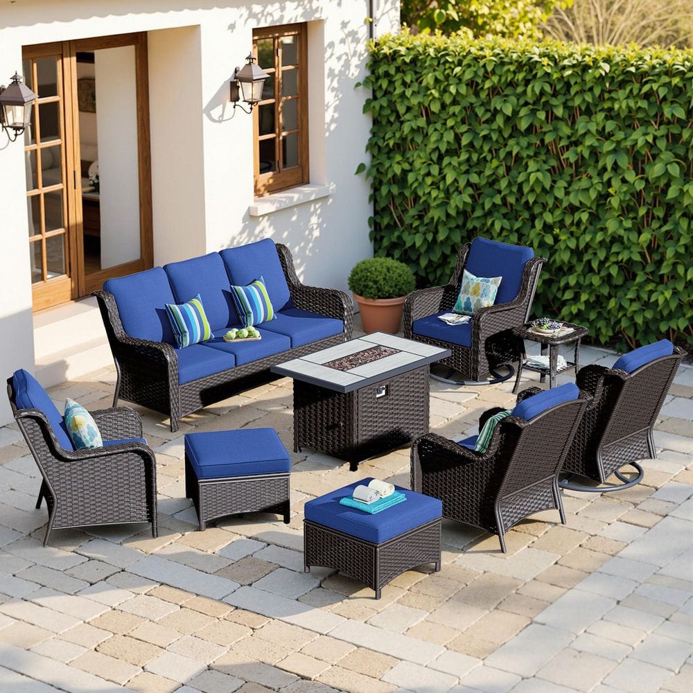 OVIOS Joyoung Brown 9-Piece Wicker Patio Rectangle Fire Pit