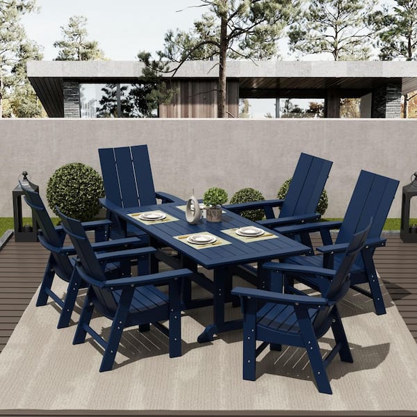 Shoreside Outdoor Patio Weather Resistant Navy Blue 7-Piece HDPE Plastic Adirondack Dining Set