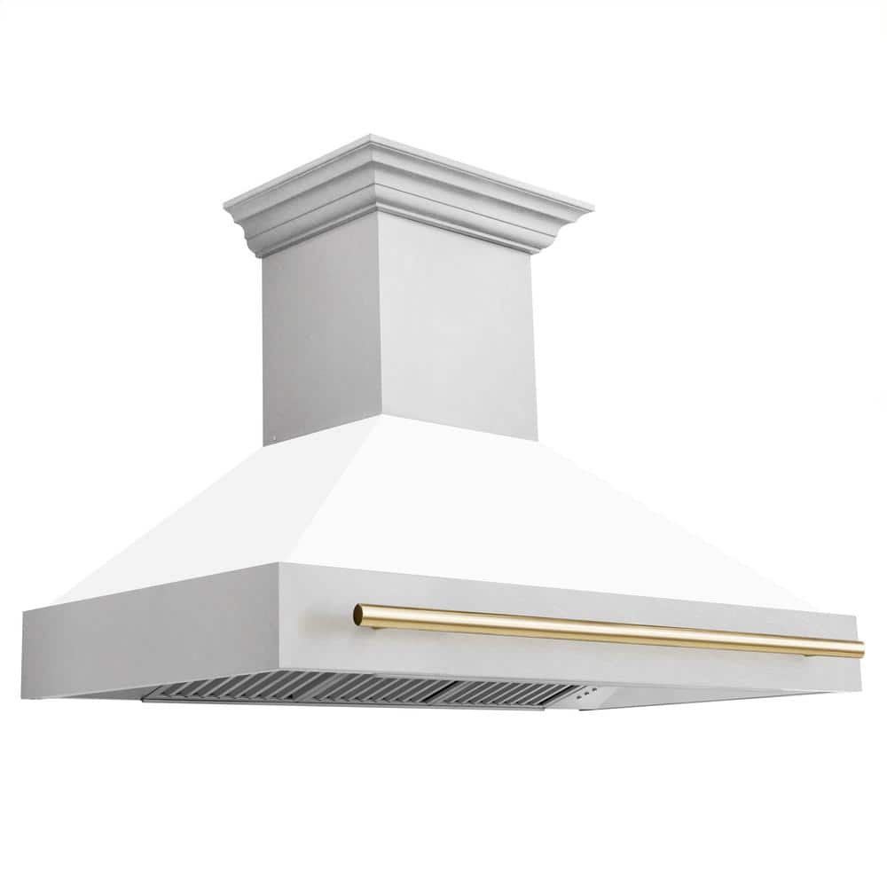 Autograph Edition 48 in. Satin Stainless Steel Wall Mount Range Hood with White Matte Shell and Polished Gold Handle