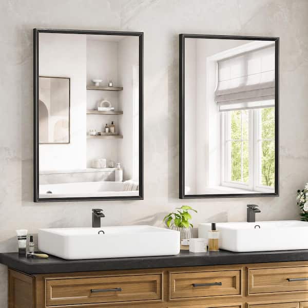 2 Pack 24 in. W x 36 in. H Modern Beveled Aluminum Frame Rectangular Wall Mirror, Brushed Black